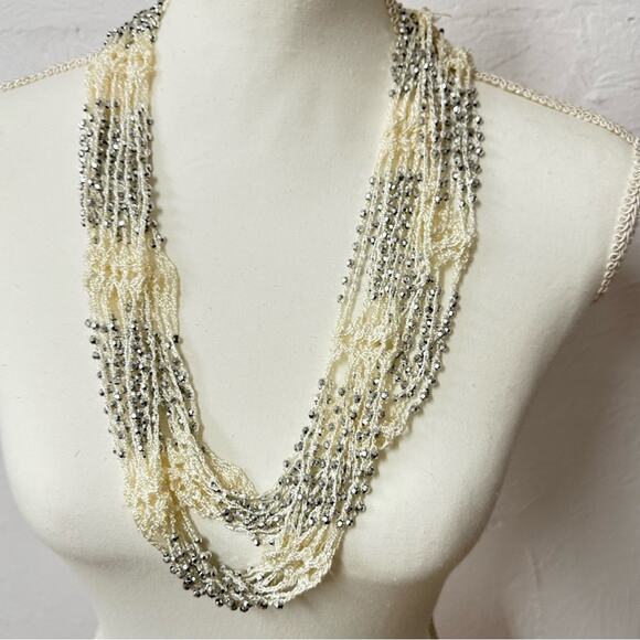 Boho Crochet Cream & Silver Necklace Extra Long Layering - Picture 1 of 6